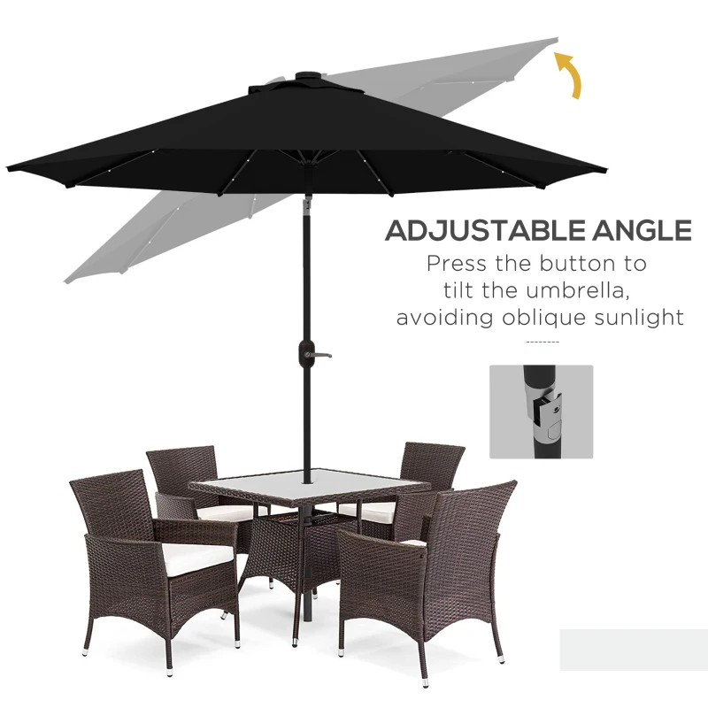 Outsunny 9ft Solar Patio Umbrella Outdoor Sunshade 24 LED Lights Tilt Canopy Black
