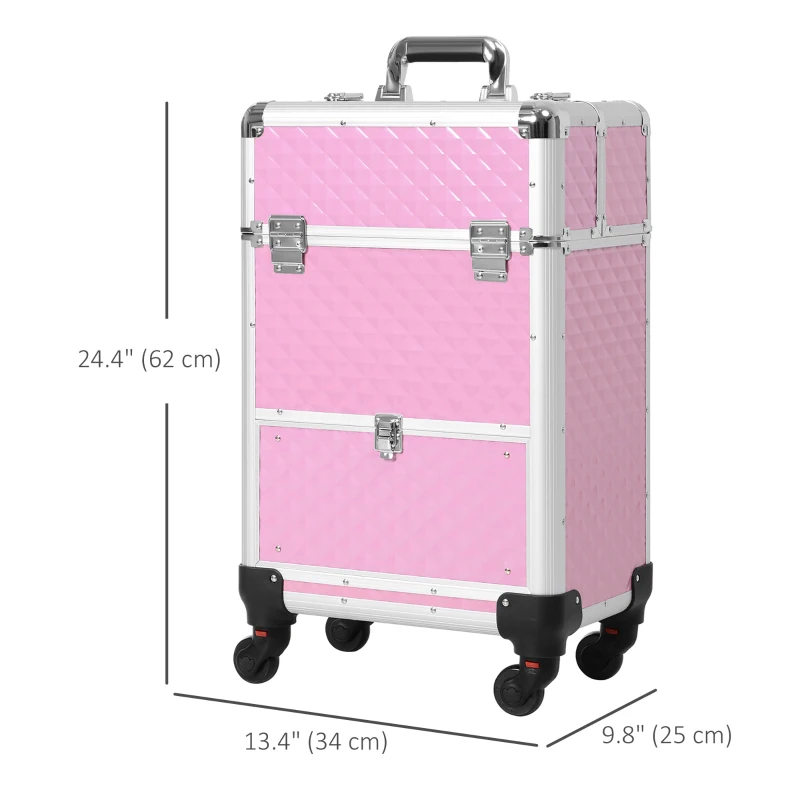 HOMCOM Portable Aluminum Makeup Train Cases, Rolling Makeup Case, Salon Beauty Cosmetic Jewelry Organizer Trolley with 4 Wheels, Pink