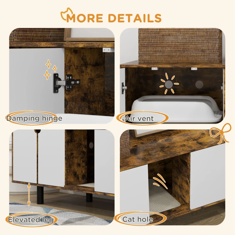 PawHut Hidden Cat Litter Box Enclosure with 2 Cabinets, Double Doors and Sand Drain Pad, Rustic Brown