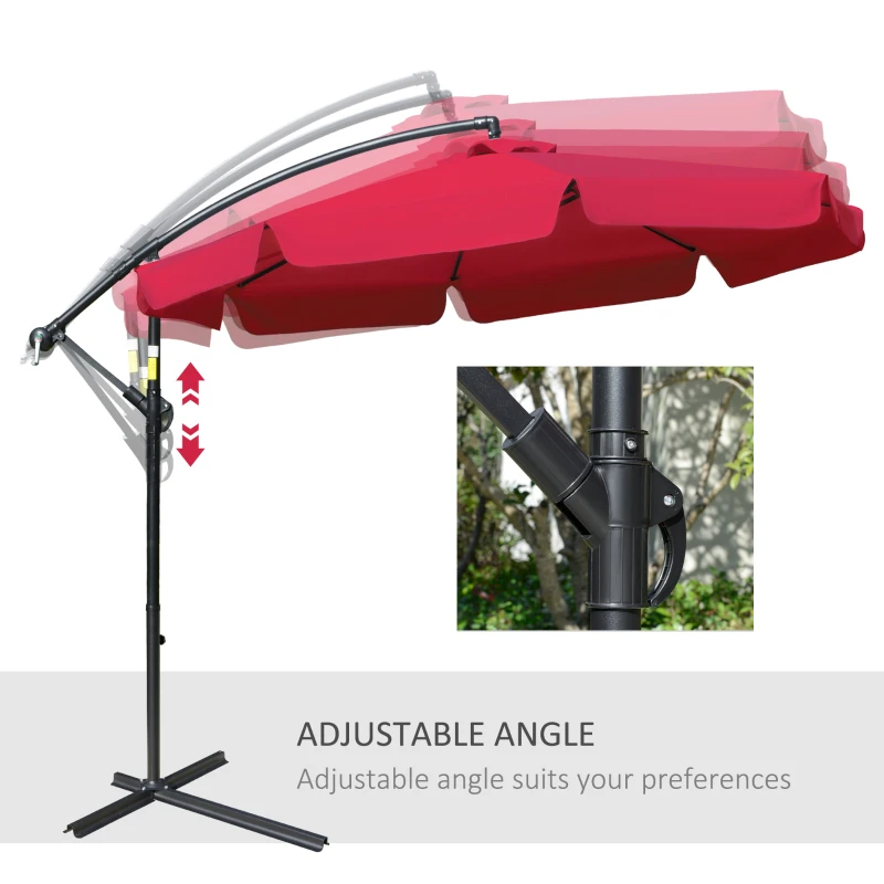 Outsunny 9FT Offset Hanging Patio Umbrella Cantilever Umbrella with Easy Tilt Adjustment, Cross Base and 8 Ribs for Backyard, Poolside, Lawn and Garden, Red