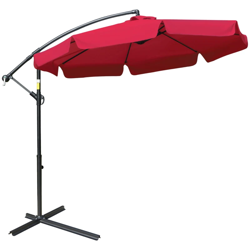 Outsunny 9FT Offset Hanging Patio Umbrella Cantilever Umbrella with Easy Tilt Adjustment, Cross Base and 8 Ribs for Backyard, Poolside, Lawn and Garden, Red