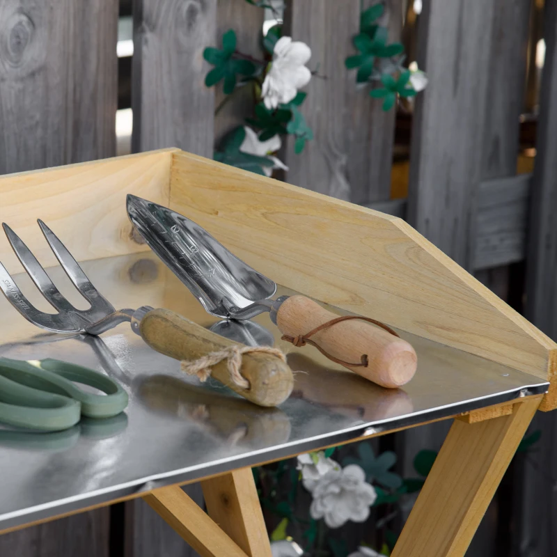 Outsunny Garden Potting Bench Table, Wooden Work Station, Outdoor Planting Workbench w/ Galvanized Metal Tabletop and Storage Shelf