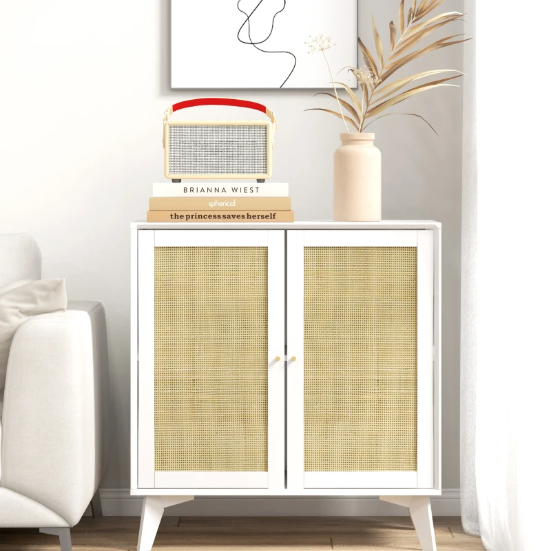 HOMCOM Boho Sideboard Cabinet, Freestanding Sideboards and Buffets with 2 Rattan Doors and Adjustable Shelf