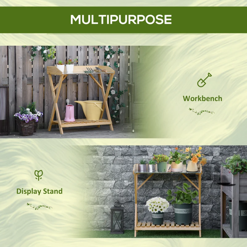 Outsunny Garden Potting Bench Table, Wooden Work Station, Outdoor Planting Workbench w/ Galvanized Metal Tabletop and Storage Shelf