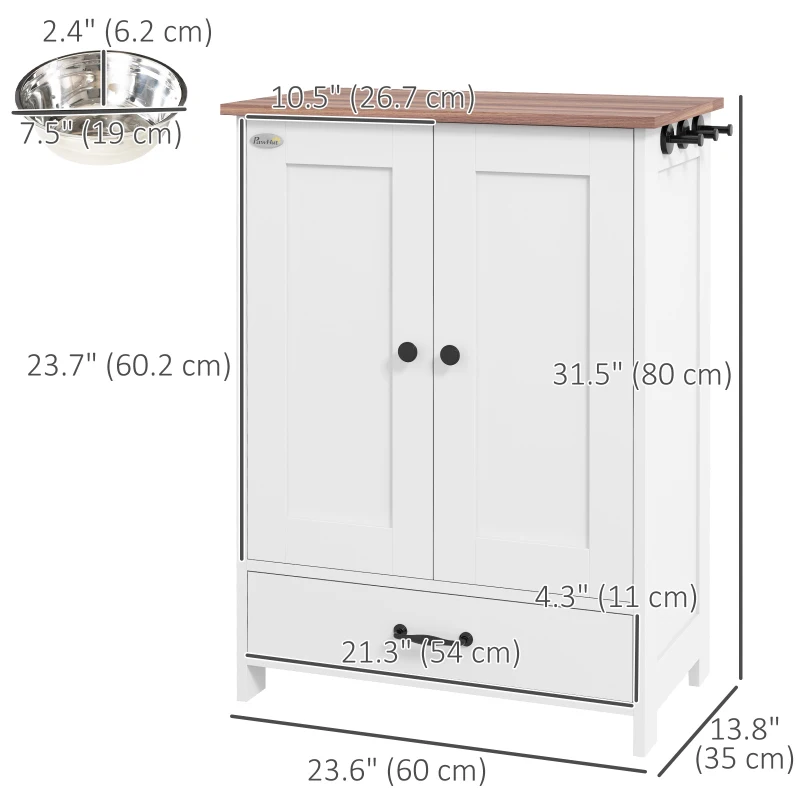 PawHut Pet Food Storage Container Dog Feeding Station w/ Adjustable Panel, Hooks, for Medium Sized Dogs, White