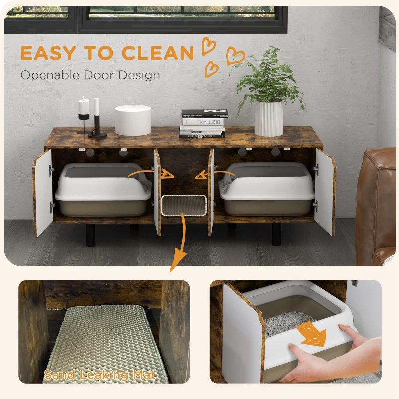 PawHut Hidden Cat Litter Box Enclosure with 2 Cabinets, Double Doors, and Sand Drain Pad, Rustic Brown