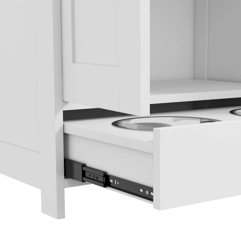 PawHut Pet Feeding Station, Dog Food Storage Cabinet w/ Raised Dog Bowls, Adjustable Panel, Hooks for Medium Dogs, White