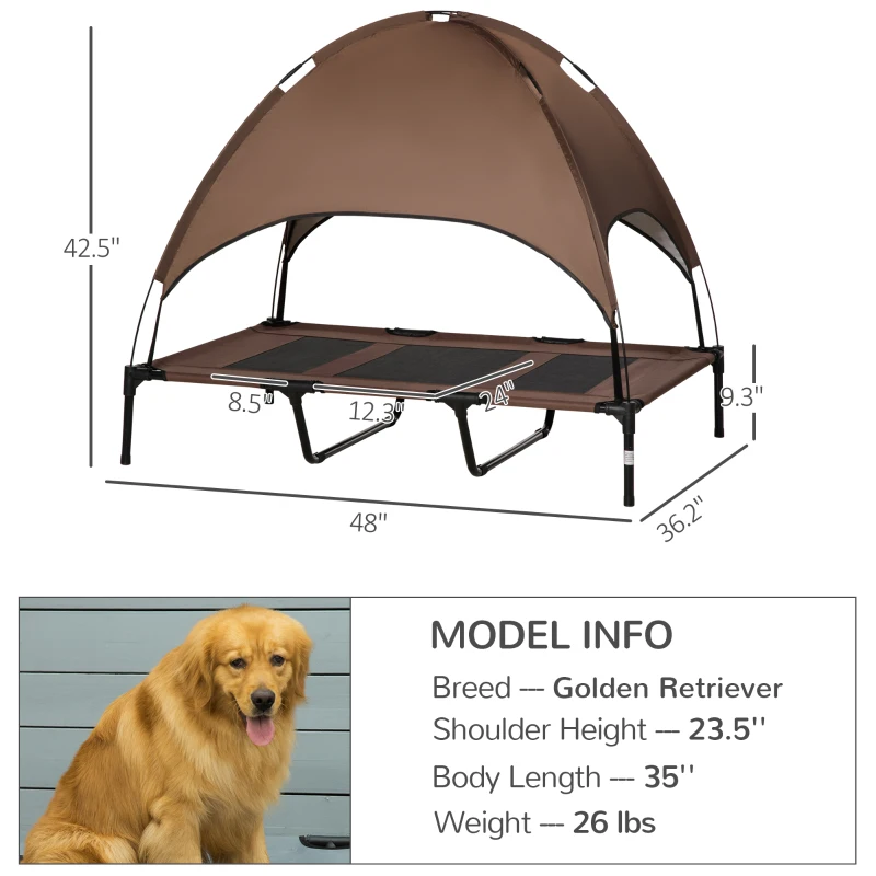 PawHut Portable Elevated Dog Bed with UV Protection Canopy, Durable Pet Cot for Outdoor Use, Coffee