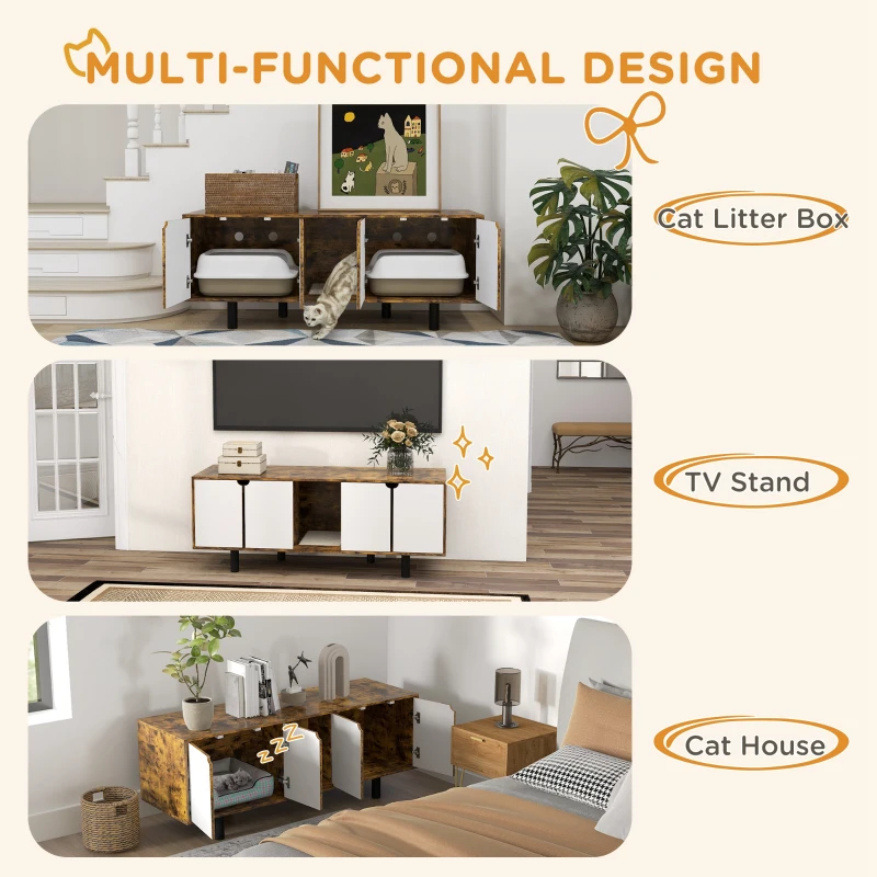 PawHut Hidden Cat Litter Box Enclosure with 2 Cabinets, Double Doors, and Sand Drain Pad, Rustic Brown