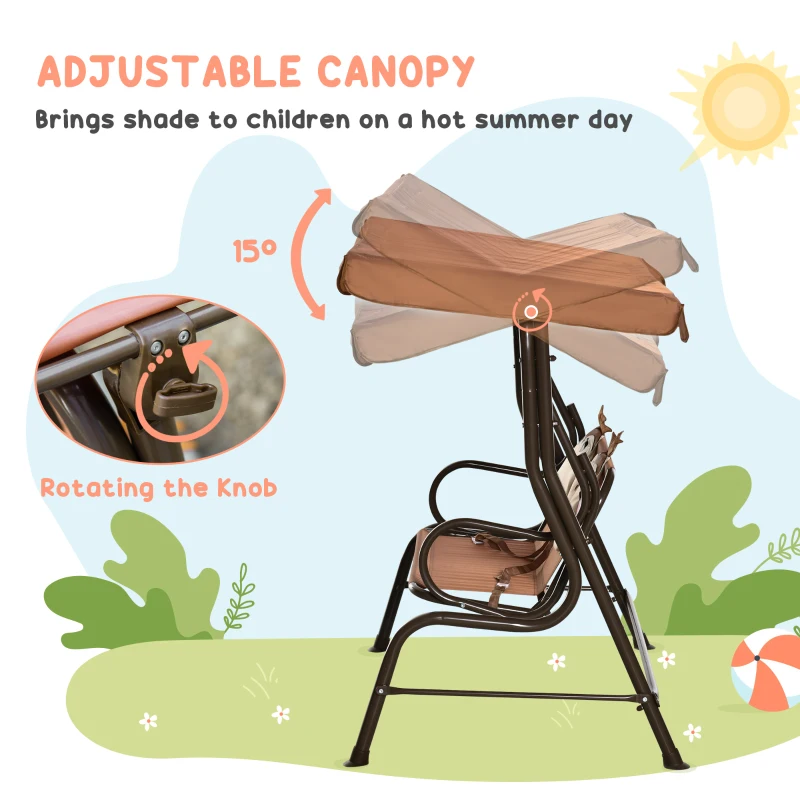 Outsunny 2-Seat Kids Porch Swing Chair, Children Outdoor Patio Furniture Lounge Chair for Garden, with Adjustable Canopy, Seat Belt, Monkey Pattern, for 3-6 Years Old, Coffee