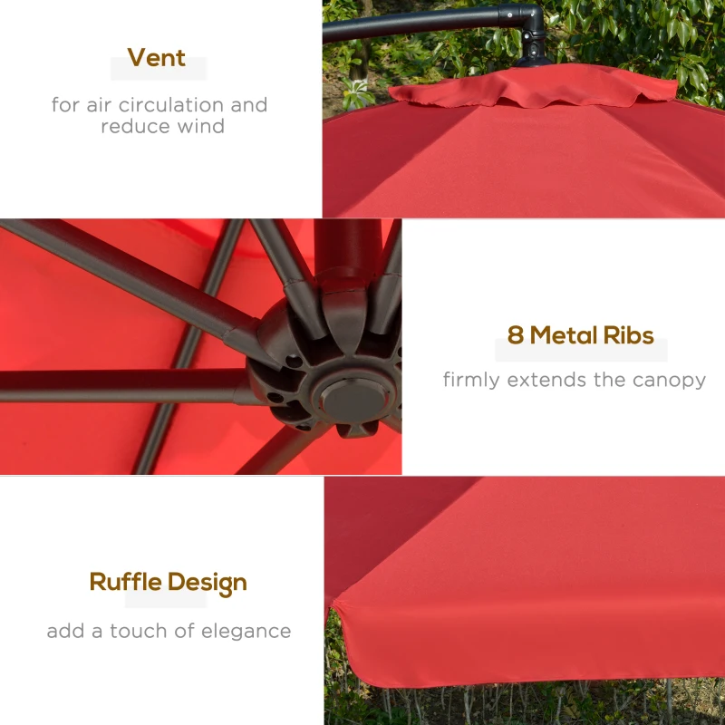 Outsunny 11FT Cantilever Patio Umbrella with Offset Hanging, Easy Tilt Adjustment & Cross Base for Backyard, Poolside, Red