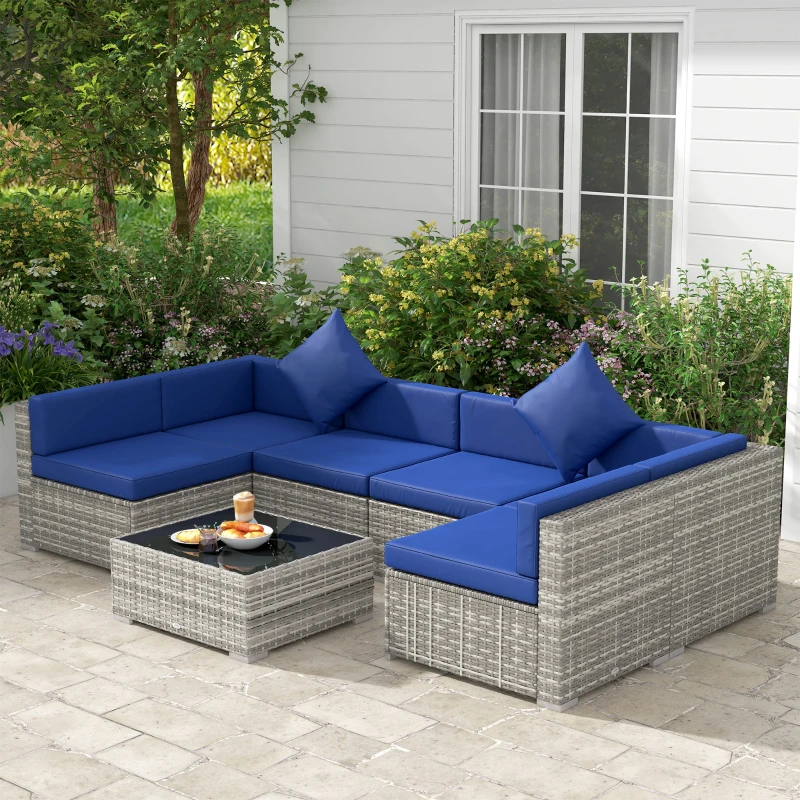Outsunny 7 Pieces Outdoor Rattan Sofa Set, Wicker Patio Furniture Set with Glass Top Coffee Table, Pillows, Mixed Gray and Blue