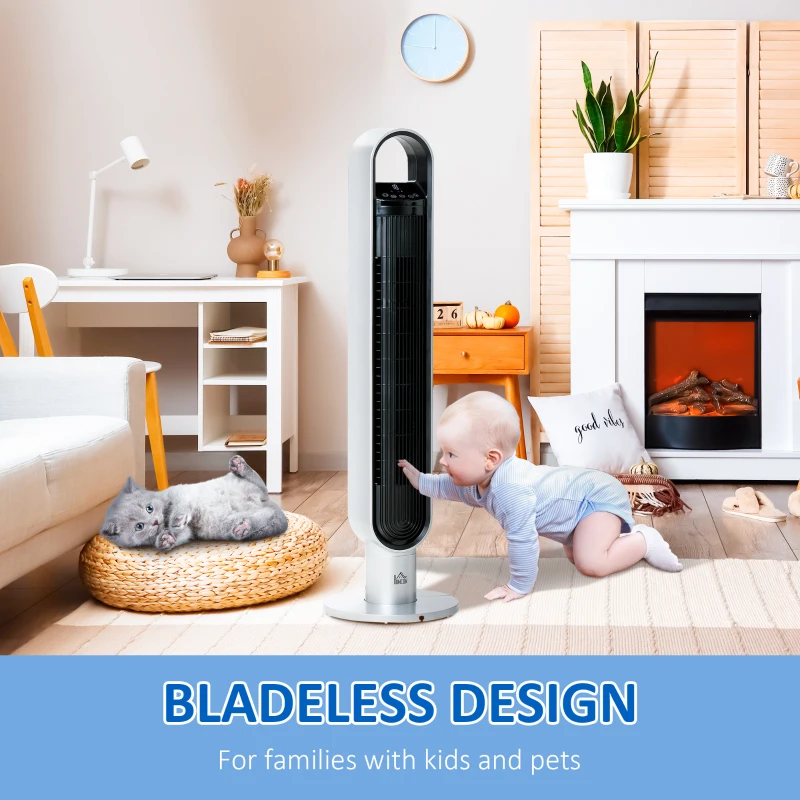 HOMCOM Freestanding Tower Fan Cooling for Home Bedroom with Oscillating, 3 Speed, 12h Timer, LED Sensor Panel, Remote Controller, Silver