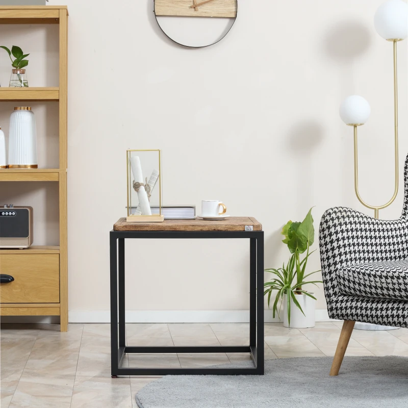 HOMCOM Concrete Side Table with Square Tabletop, Rustic End Table with Wood Grain Pattern and Metal Frame, for Indoor and Outdoor, Natural
