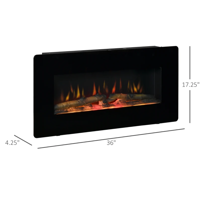 HOMCOM Electric Wall-Mounted Fireplace Heater with Adjustable Flame Effect, Remote Control, Timer, 1400W, Black