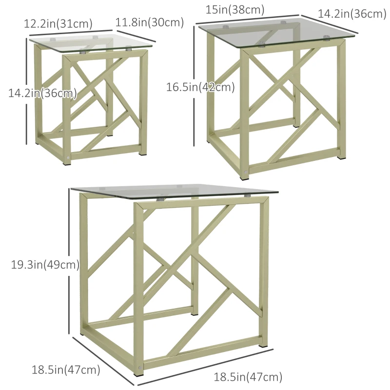 HOMCOM Glass Coffee Table Set of 3, Nest of Tables for Living Room with Tempered Glass Top and Steel Frame, Brushed Gold