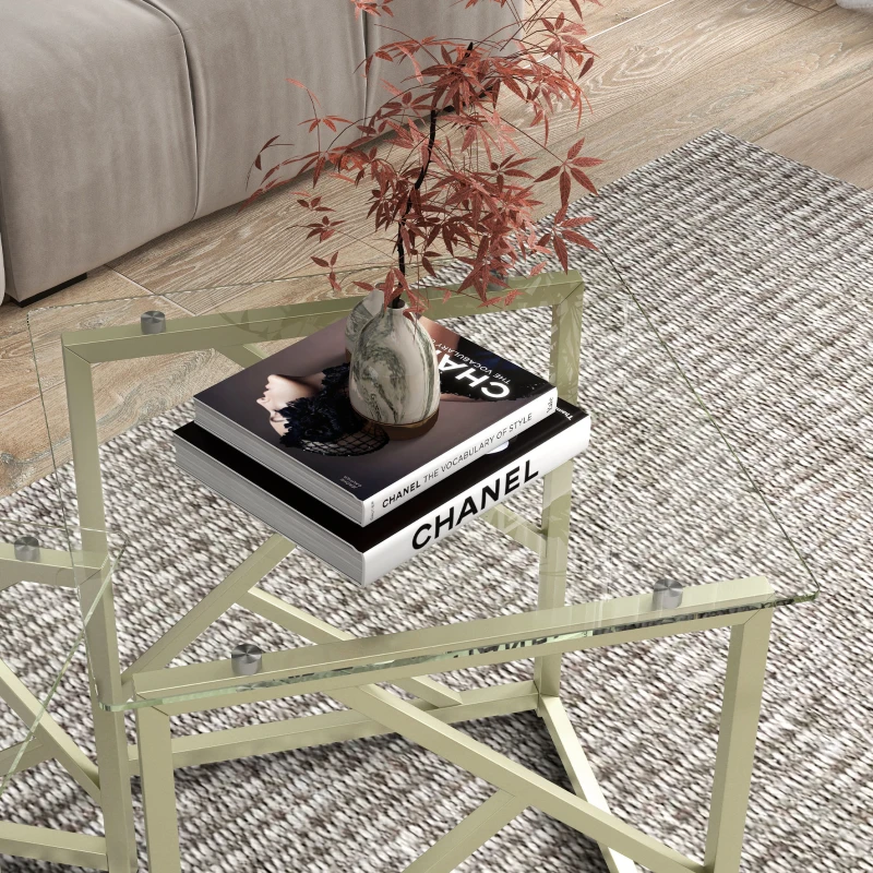 HOMCOM Glass Coffee Table Set of 3, Nest of Tables for Living Room with Tempered Glass Top and Steel Frame, Brushed Gold