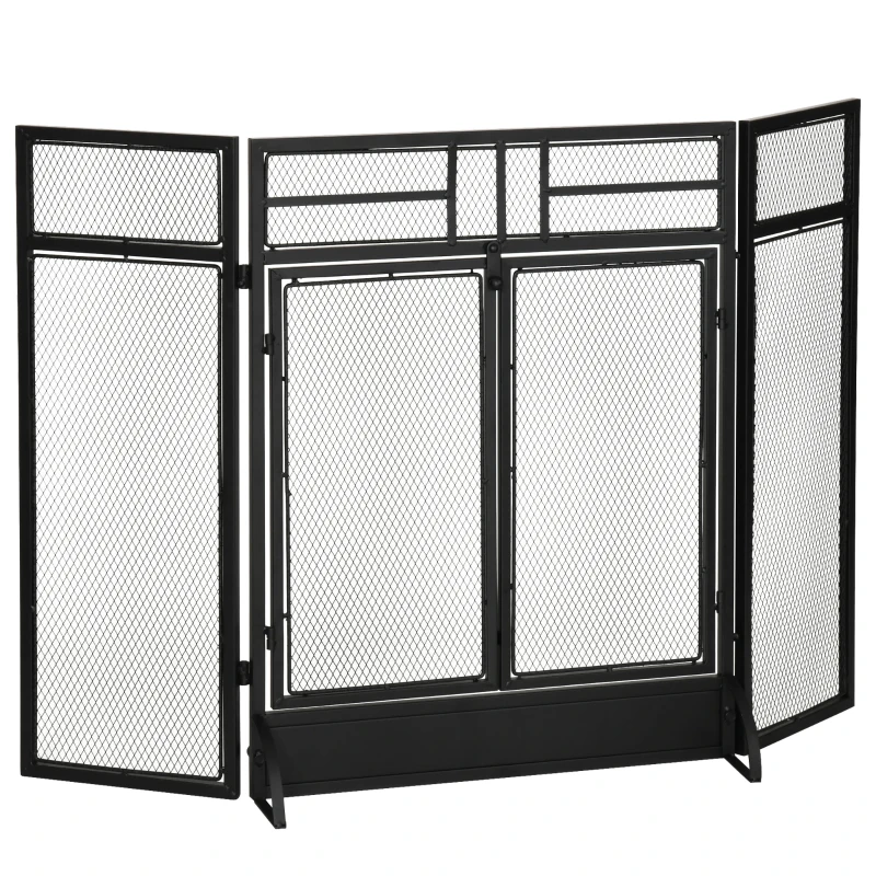 HOMCOM 3-Panel Steel Mesh Fireplace Screen, Decorative Fire Spark Guard Cover with Double Doors, 47x31in, Black
