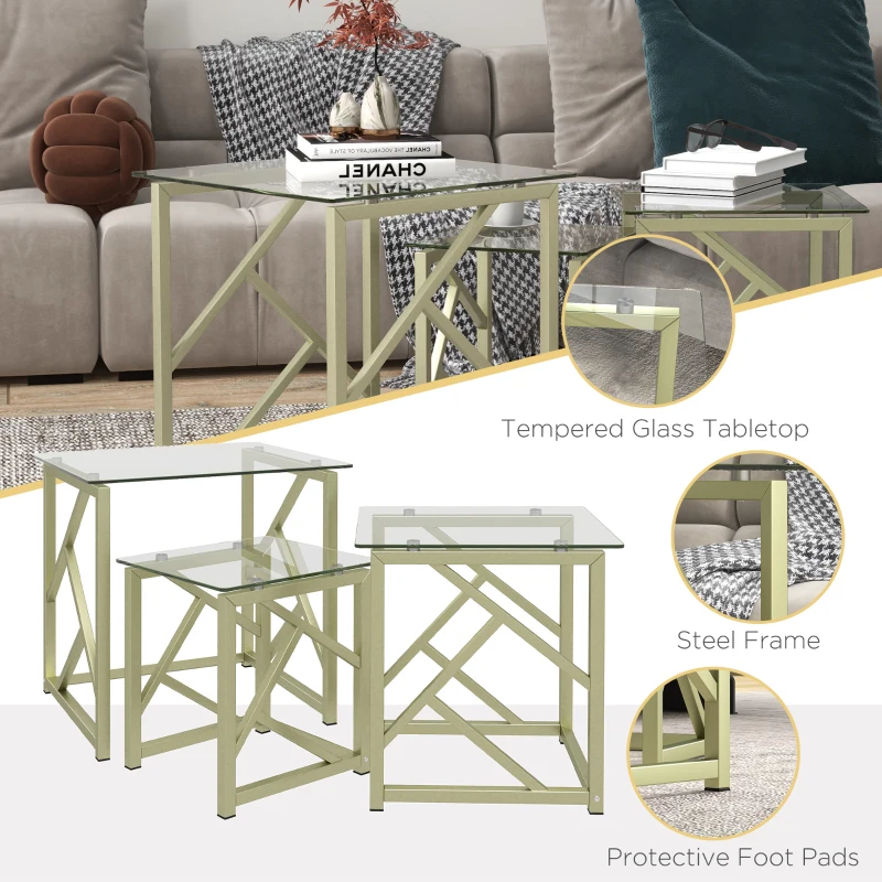 HOMCOM Glass Coffee Table Set of 3, Nest of Tables for Living Room with Tempered Glass Top and Steel Frame, Brushed Gold