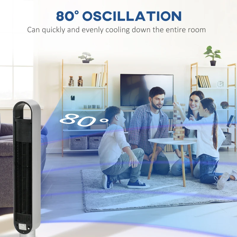 HOMCOM Freestanding Tower Fan Cooling for Home Bedroom with Oscillating, 3 Speed, 12h Timer, LED Sensor Panel, Remote Controller, Silver