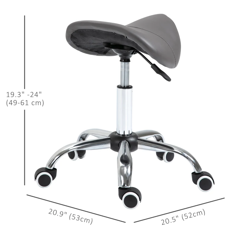 HOMCOM Adjustable Hydraulic Rolling Salon Stool Swivel Saddle Chair Spa Beauty Seat PU Leather, Grey