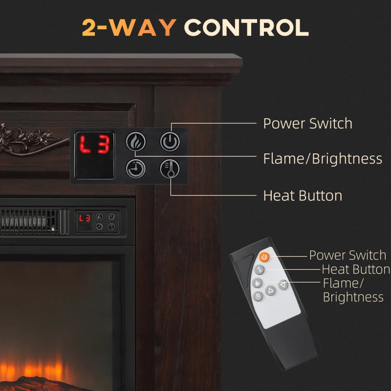 HOMCOM Electric Fireplace with Mantel, Freestanding Heater Corner Firebox with Log Hearth and Remote Control, 1400W, Brown