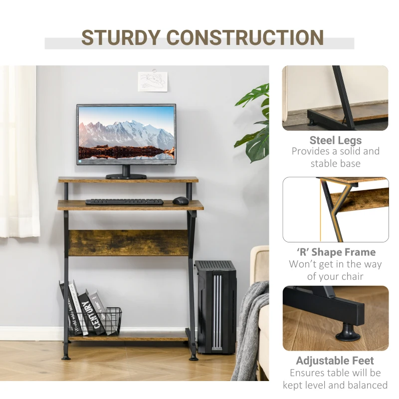 HOMCOM 28" Compact Computer Desk, Industrial Z-Shaped Writing Desk with Monitor Shelf and Storage, Workstation for Home Office