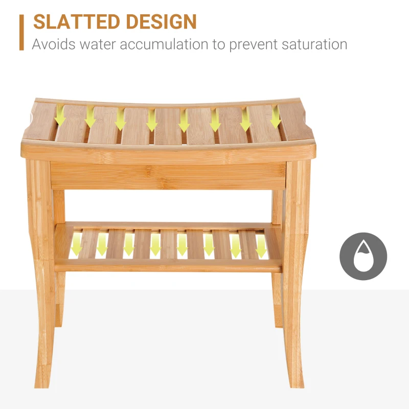 HOMCOM 20" Bamboo Shower Bench Bathroom Stool Spa Bath Seat Organizer Storage Shelf