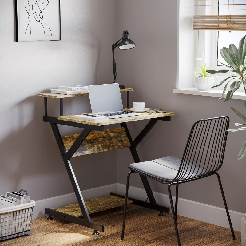 HOMCOM 28" Compact Computer Desk, Industrial Z-Shaped Writing Desk with Monitor Shelf and Storage, Workstation for Home Office