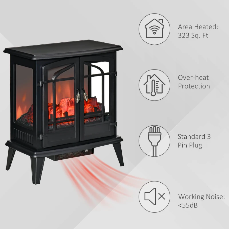 HOMCOM Electric Fireplace Stove, Freestanding Indoor Heater with Realistic Flame Effect, Adjustable Temperature and Overheat Protection, Black