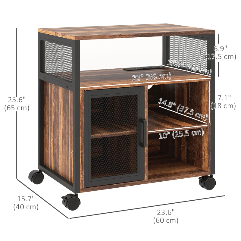 Vinsetto Printer Stand with Socket and USB Charging Ports, Industrial Mobile Printer Table with Storage and Wheels, Rustic Brown