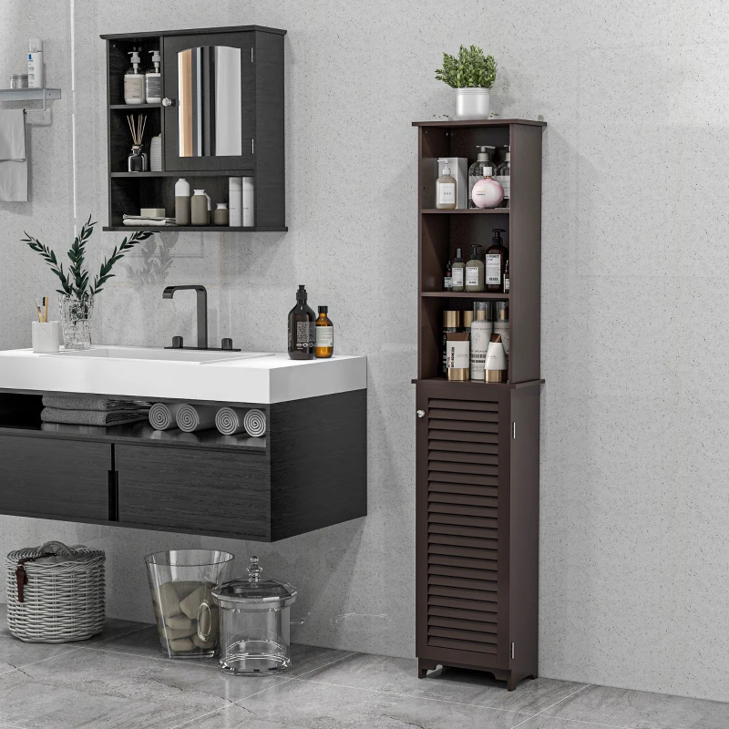 HOMCOM Tall Bathroom Storage Cabinet, Freestanding Linen Tower with 3-Tier Open Adjustable Shelf, Dark Brown