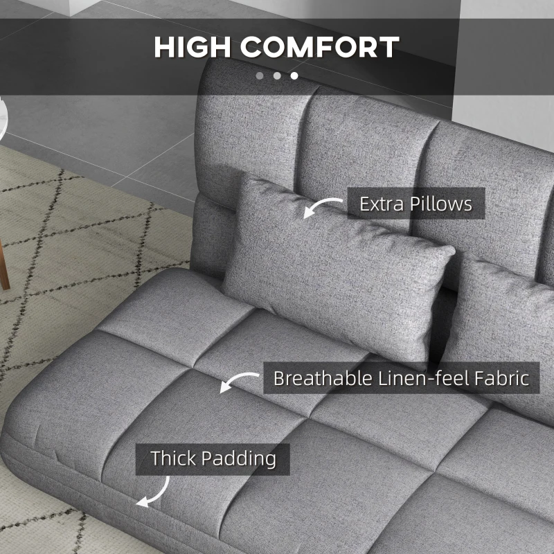 HOMCOM 51" Folding Floor Sofa, Foldable 2-Seater Lazy Sofa Sleeper Bed, Adjustable Linen Floor Couch with 9-position Backrest, 2 Pillows and Wide Seat for Living Room, Grey