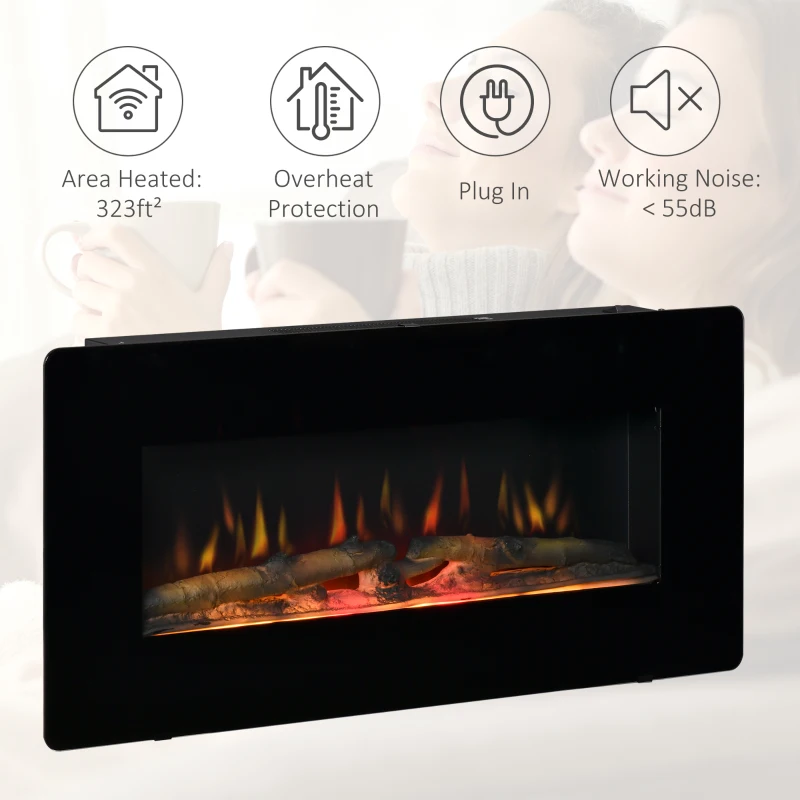 HOMCOM Electric Wall-Mounted Fireplace Heater with Adjustable Flame Effect, Remote Control, Timer, 1400W, Black