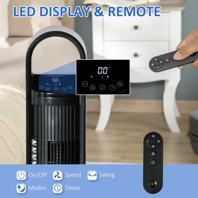HOMCOM Freestanding Tower Fan Cooling for Home Bedroom with Oscillating, 3 Speed, 12h Timer, LED Sensor Panel, Remote Controller, Black