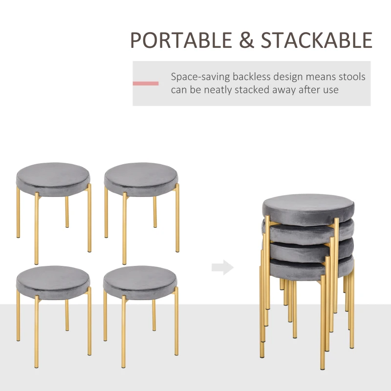 HOMCOM Backless Round Dining Chairs, Modern Stacking Stools Set of 4, Kitchen Chairs with Metal Legs, Grey