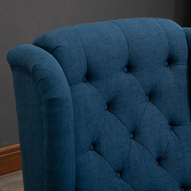HOMCOM Button Tufted Accent Chair for Living Room - Upholstered Wingback with Wood Legs, Rolled Arms, Thick Padding, Blue