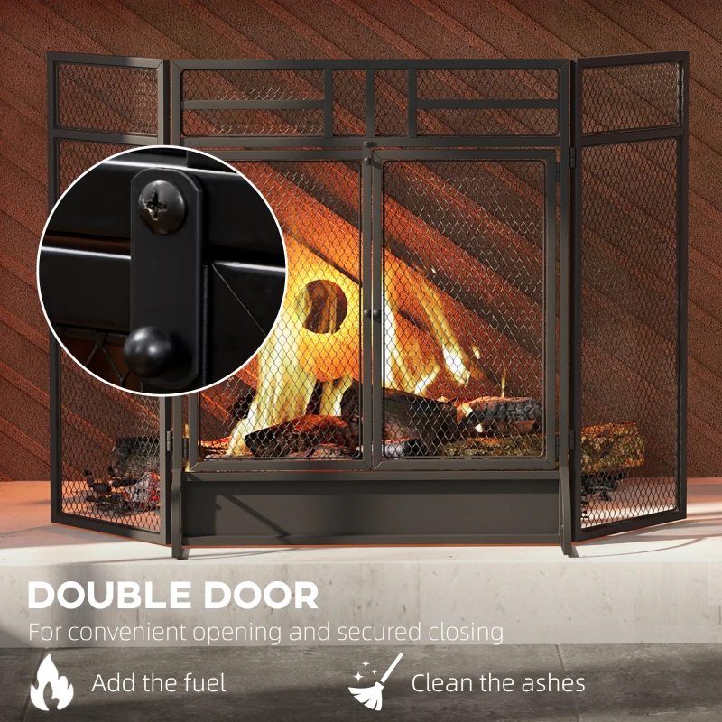 HOMCOM 3-Panel Steel Mesh Fireplace Screen, Decorative Fire Spark Guard Cover with Double Doors, 47x31in, Black