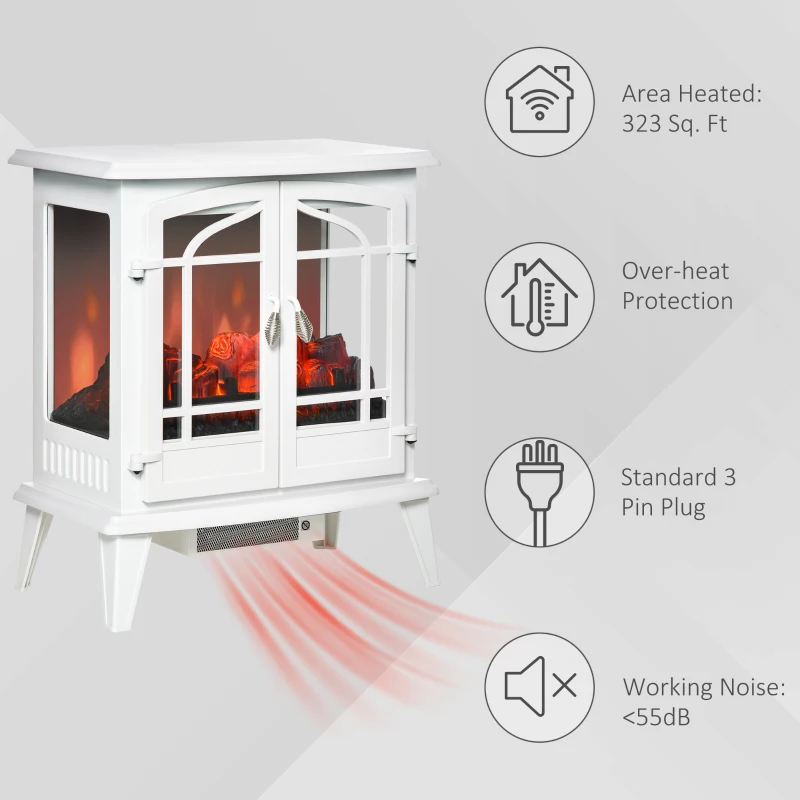 HOMCOM Electric Fireplace Stove, Freestanding Indoor Heater with Realistic Flame Effect, Adjustable Temperature and Overheat Protection, White