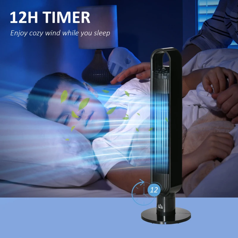 HOMCOM Freestanding Tower Fan Cooling for Home Bedroom with Oscillating, 3 Speed, 12h Timer, LED Sensor Panel, Remote Controller, Black