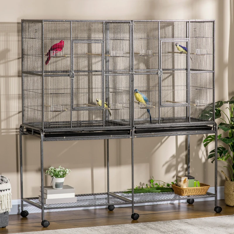 PawHut Rolling 65"L Bird Cage w/ Storage Shelf Wood Perch Food Container