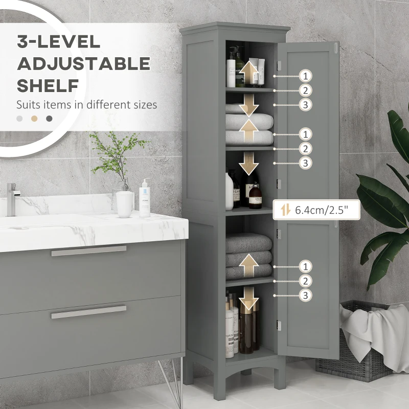 kleankin Tall Bathroom Cabinet, Freestanding Storage Organizer with Adjustable Shelves and Cupboards, 15" x 13" x 63", Grey