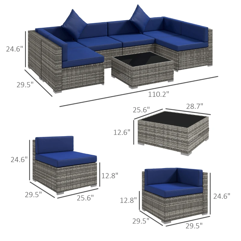 Outsunny 7 Pieces Outdoor Rattan Sofa Set, Wicker Patio Furniture Set with Glass Top Coffee Table, Pillows, Mixed Gray and Blue