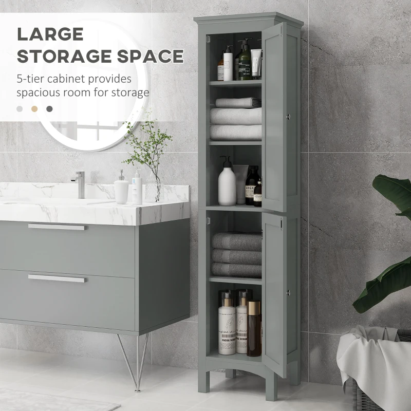kleankin Tall Bathroom Cabinet, Freestanding Storage Organizer with Adjustable Shelves and Cupboards, 15" x 13" x 63", Grey