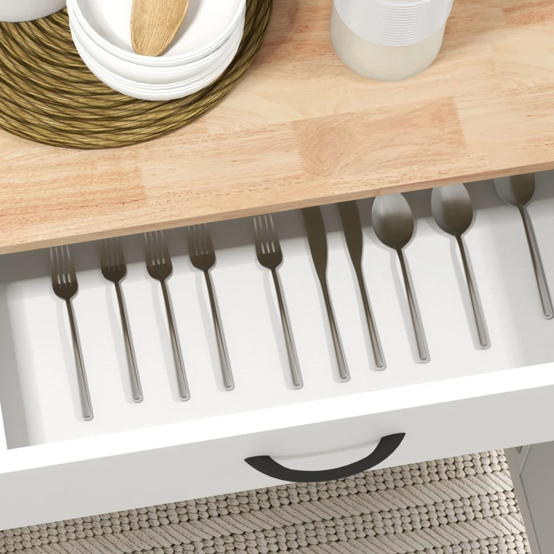 HOMCOM Modern Rolling Kitchen Island Cart with Drawer, Natural Wood Top, Towel Rack, Door Storage Cabinet, Distressed White