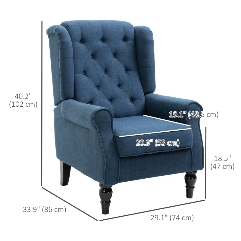 HOMCOM Button Tufted Accent Chair for Living Room - Upholstered Wingback with Wood Legs, Rolled Arms, Thick Padding, Blue