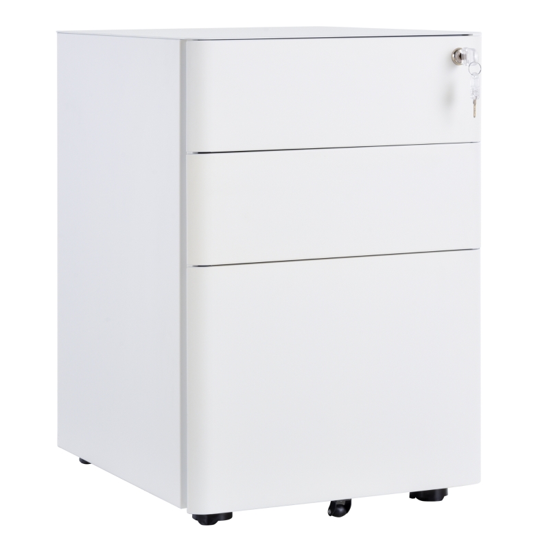 Vinsetto 3 Drawer Filing Cabinet, Steel Home Office Storage Cabinet with Wheels, Lock for A4, Letters, Legal-sized Files, White