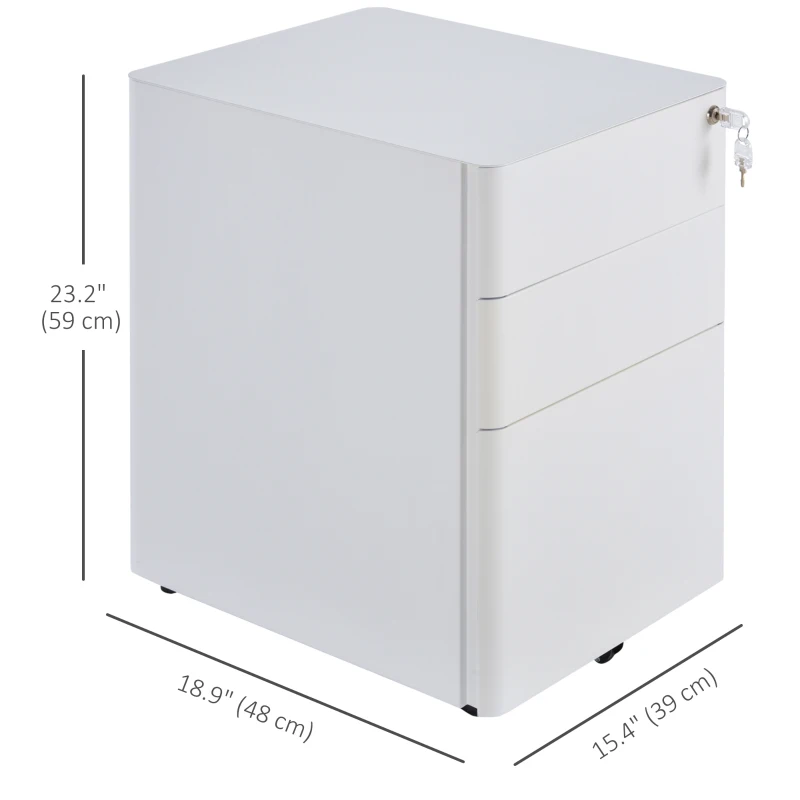 Vinsetto 3 Drawer Filing Cabinet, Steel Home Office Storage Cabinet with Wheels, Lock for A4, Letters, Legal-sized Files, White