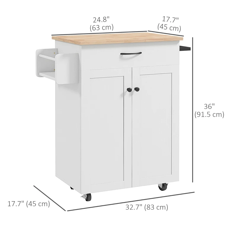 HOMCOM Modern Rolling Kitchen Island Cart with Drawer, Natural Wood Top, Towel Rack, Door Storage Cabinet, Distressed White