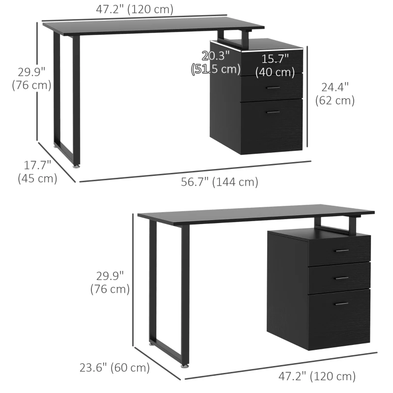 HOMCOM 47" Computer Desk with Drawers, Modern Writing Desk with Storage File Drawers for Home Office, Study, Black